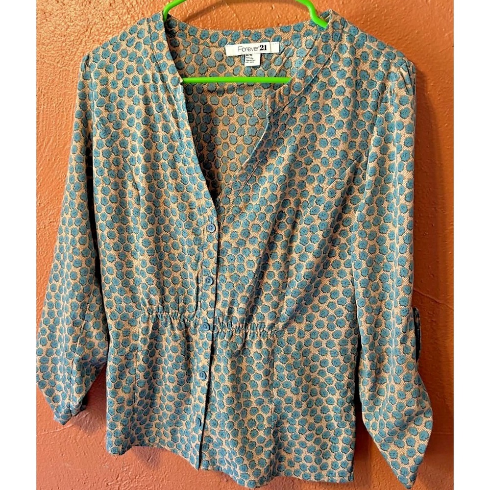 Forever 21 Blue & Tan Peplum Blouse Top Cinched Waist Sz M Prairie Boho Roll Tab